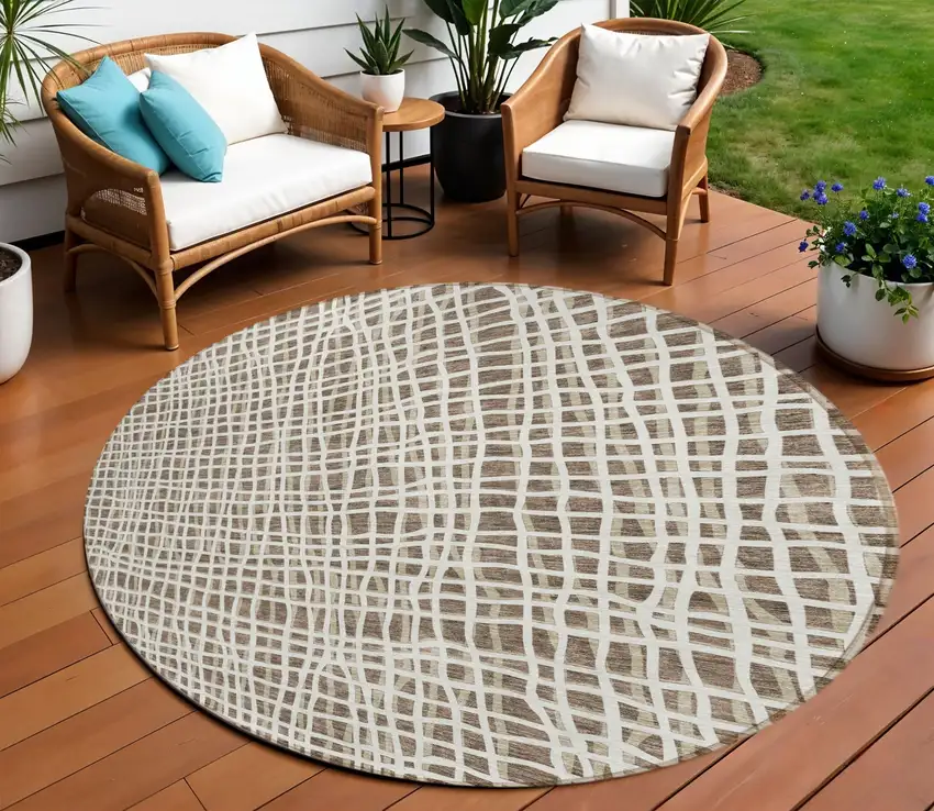 8' Brown Beige And Ivory Round Striped Washable Indoor Outdoor Area Rug Photo 1