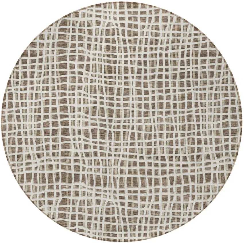 8' Brown Beige And Ivory Round Striped Washable Indoor Outdoor Area Rug Photo 6
