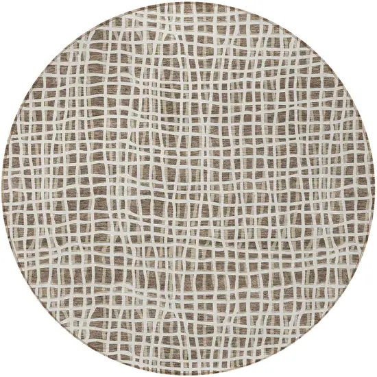 8' Brown Beige And Ivory Round Striped Washable Indoor Outdoor Area Rug Photo 6