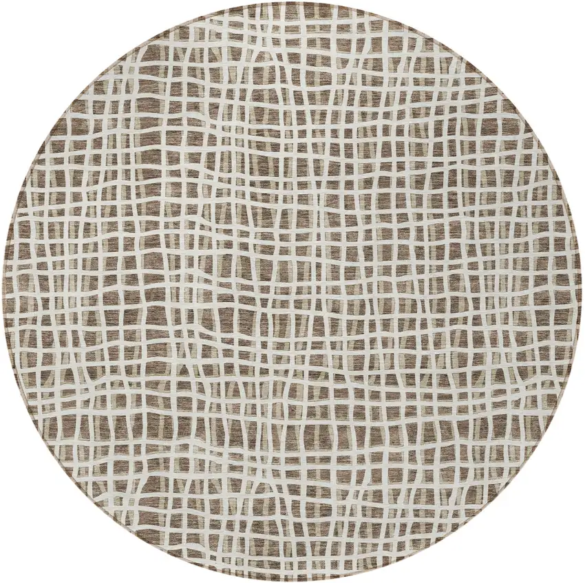 8' Brown Beige And Ivory Round Striped Washable Indoor Outdoor Area Rug Photo 6