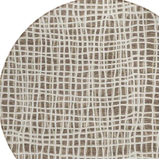 8' Brown Beige And Ivory Round Striped Washable Indoor Outdoor Area Rug Photo 5