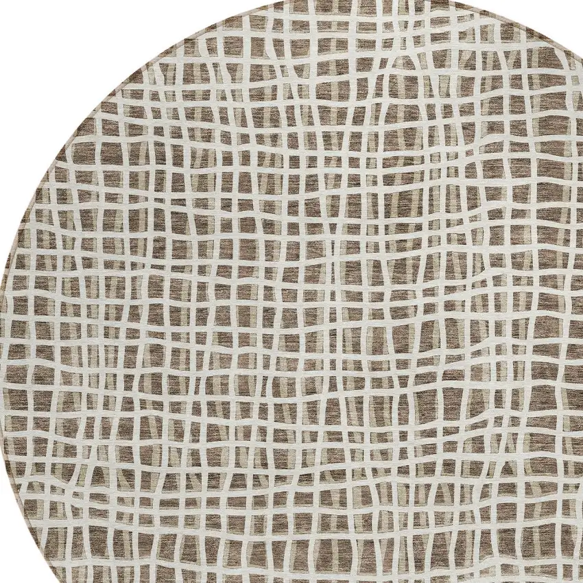 8' Brown Beige And Ivory Round Striped Washable Indoor Outdoor Area Rug Photo 5