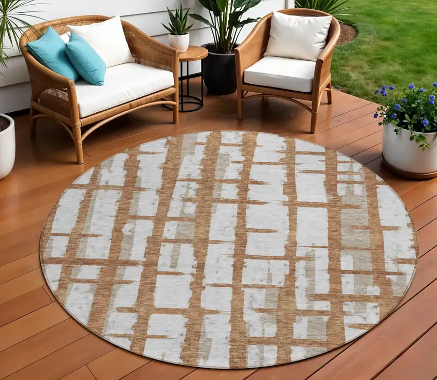 8' Brown Beige And Ivory Round Striped Washable Indoor Outdoor Area Rug Photo 1