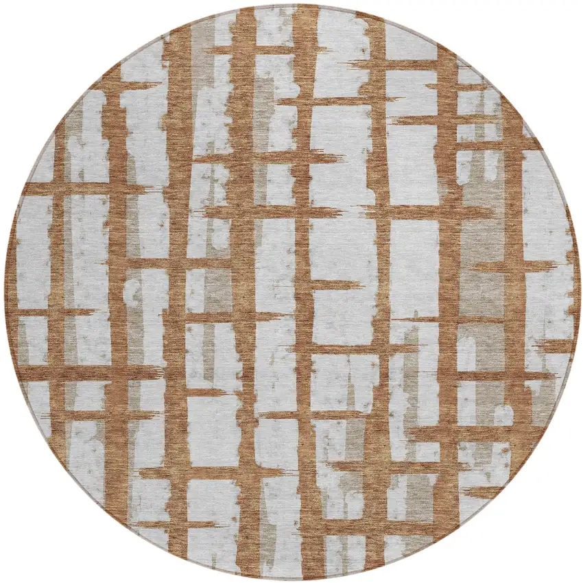 8' Brown Beige And Ivory Round Striped Washable Indoor Outdoor Area Rug Photo 2