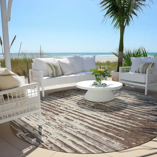 8' Brown Beige And Ivory Round Striped Washable Indoor Outdoor Area Rug Photo 6