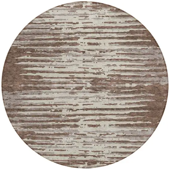 8' Brown Beige And Ivory Round Striped Washable Indoor Outdoor Area Rug Photo 5