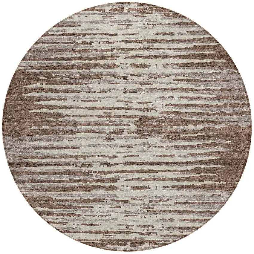 8' Brown Beige And Ivory Round Striped Washable Indoor Outdoor Area Rug Photo 5
