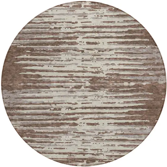 8' Brown Beige And Ivory Round Striped Washable Indoor Outdoor Area Rug Photo 2