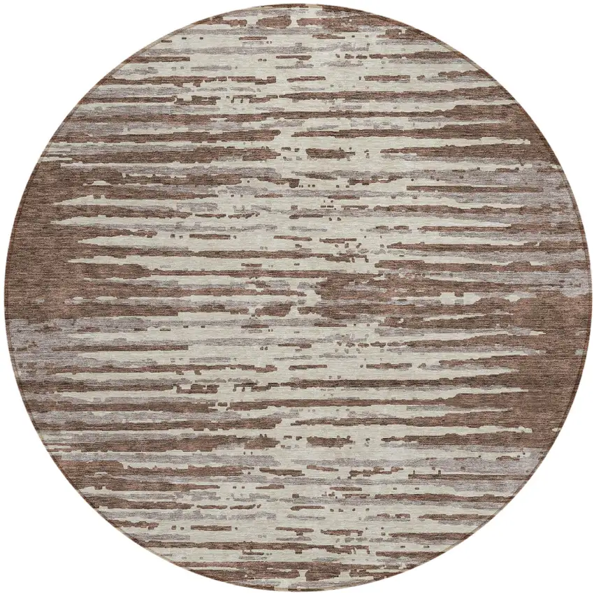 8' Brown Beige And Ivory Round Striped Washable Indoor Outdoor Area Rug Photo 2