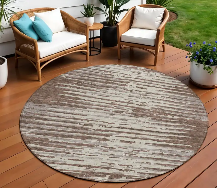 8' Brown Beige And Ivory Round Striped Washable Indoor Outdoor Area Rug Photo 1
