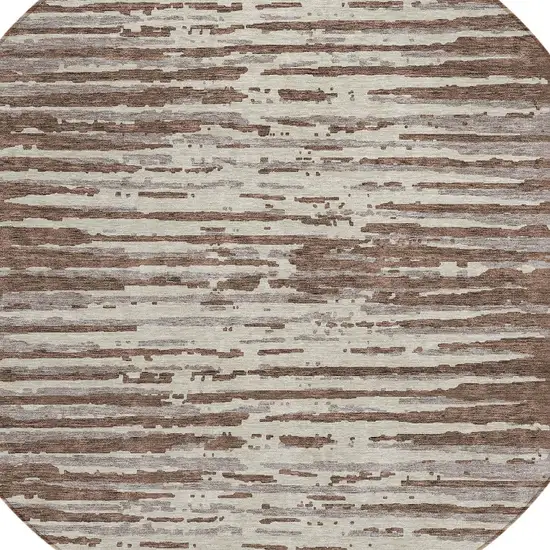 8' Brown Beige And Ivory Round Striped Washable Indoor Outdoor Area Rug Photo 4