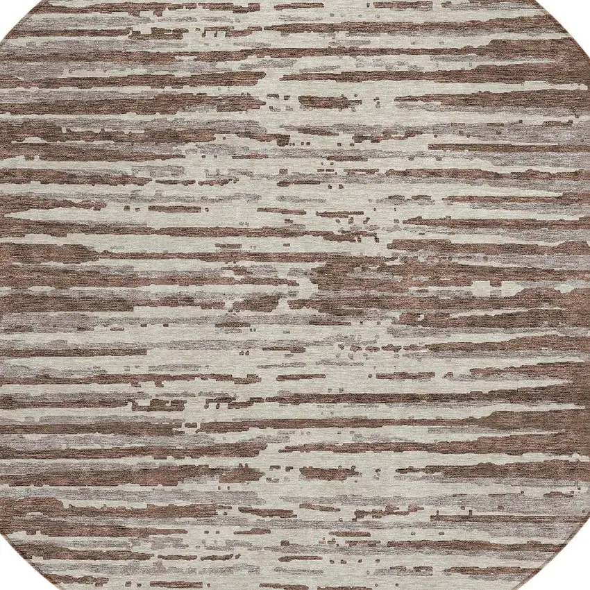 8' Brown Beige And Ivory Round Striped Washable Indoor Outdoor Area Rug Photo 4