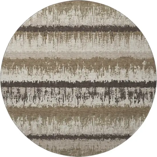 8' Brown Beige And Ivory Striped Washable Round Rug With UV Protection Photo 3