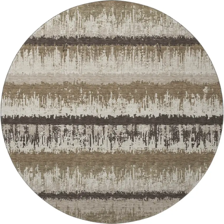 8' Brown Beige And Ivory Striped Washable Round Rug With UV Protection Photo 3