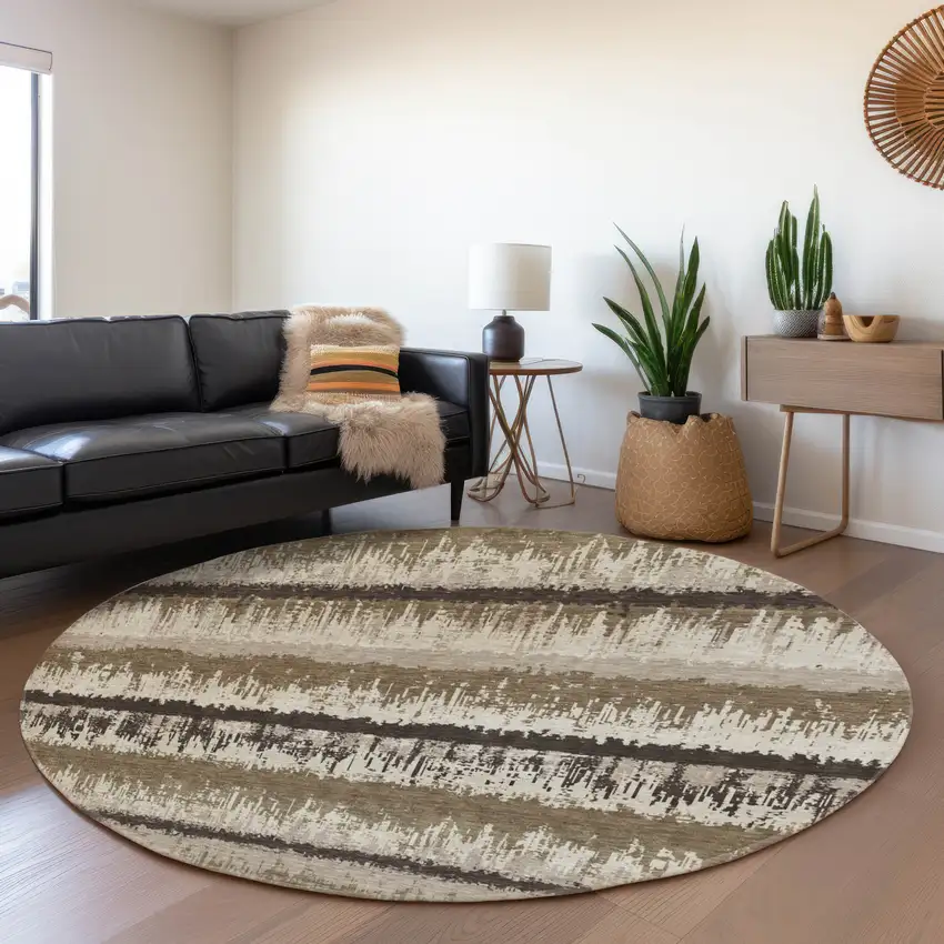 8' Brown Beige And Ivory Striped Washable Round Rug With UV Protection Photo 4