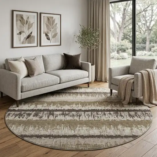 8' Brown Beige And Ivory Striped Washable Round Rug With UV Protection Photo 1