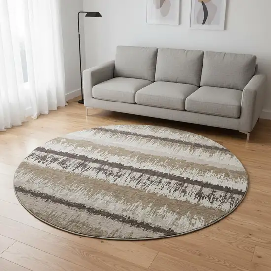 8' Brown Beige And Ivory Striped Washable Round Rug With UV Protection Photo 2