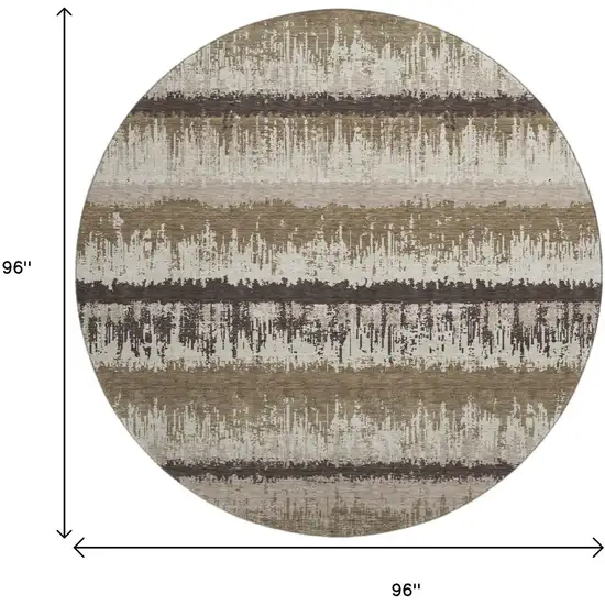 8' Brown Beige And Ivory Striped Washable Round Rug With UV Protection Photo 9