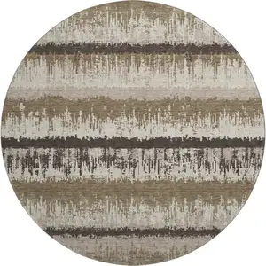Photo of 8' Brown Beige And Ivory Striped Washable Round Rug With UV Protection
