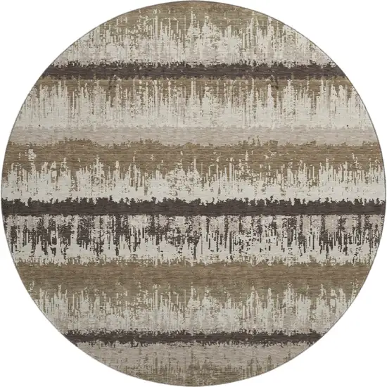 8' Brown Beige And Ivory Striped Washable Round Rug With UV Protection Photo 1