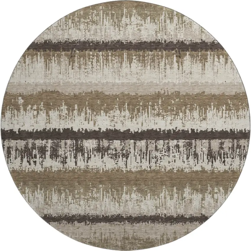 8' Brown Beige And Ivory Striped Washable Round Rug With UV Protection Photo 1