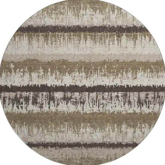8' Brown Beige And Ivory Striped Washable Round Rug With UV Protection Photo 2