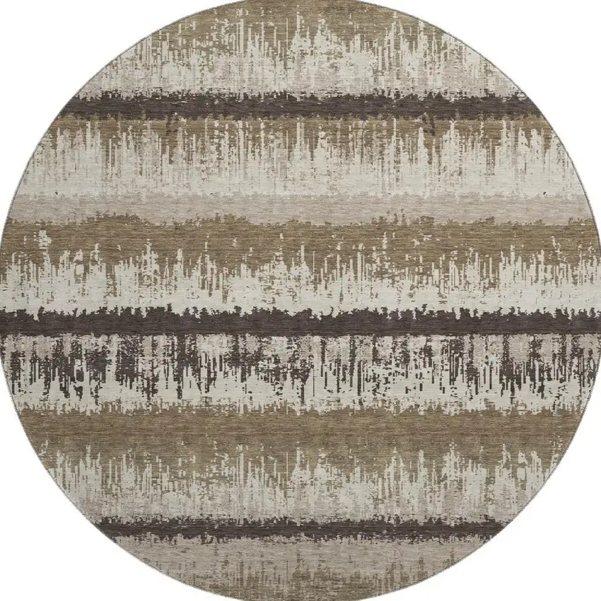 8' Brown Beige And Ivory Striped Washable Round Rug With UV Protection Photo 2