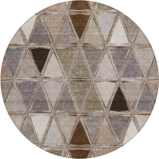 8' Brown Beige And Khaki Round Geometric Washable Indoor Outdoor Area Rug Photo 1