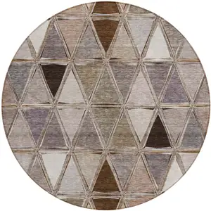 Photo of 8' Brown Beige And Khaki Round Geometric Washable Indoor Outdoor Area Rug