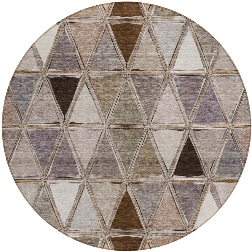 8' Brown Beige And Khaki Round Geometric Washable Indoor Outdoor Area Rug Photo 1