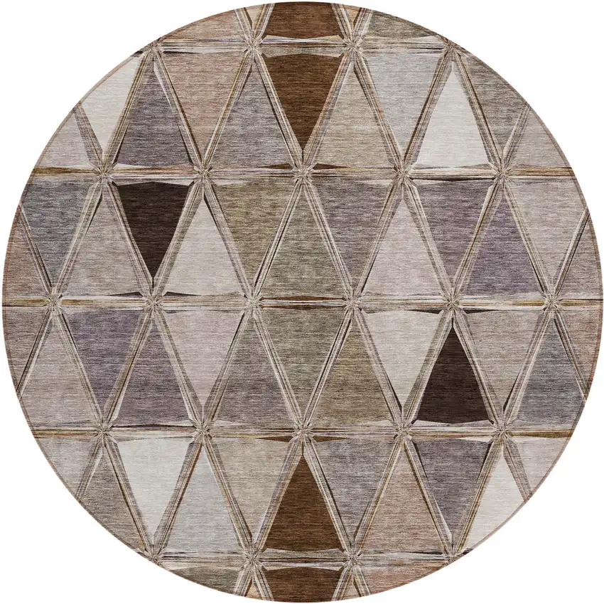 8' Brown Beige And Khaki Round Geometric Washable Indoor Outdoor Area Rug Photo 1
