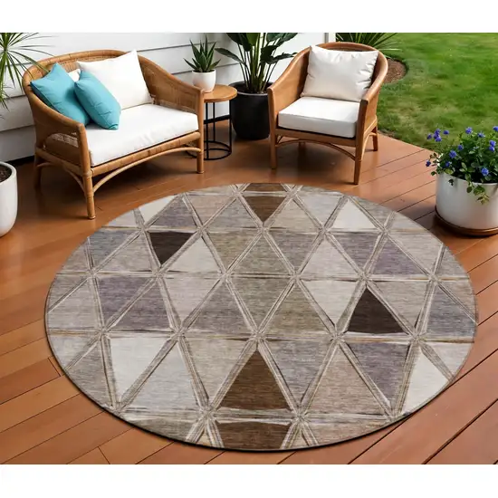 8' Brown Beige And Khaki Round Geometric Washable Indoor Outdoor Area Rug Photo 1