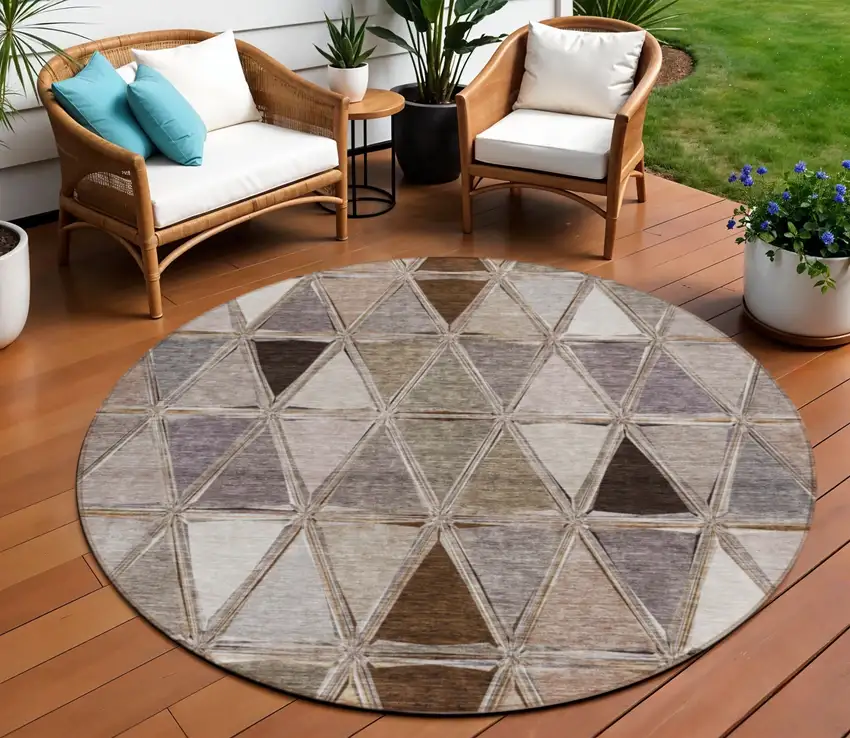8' Brown Beige And Khaki Round Geometric Washable Indoor Outdoor Area Rug Photo 1