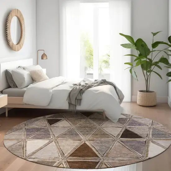 8' Brown Beige And Khaki Round Geometric Washable Indoor Outdoor Area Rug Photo 8