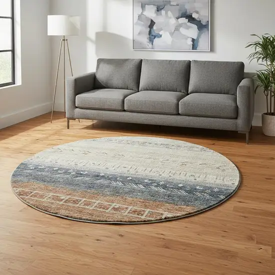 8' Brown Beige And Navy Blue Geometric Washable Round Rug With UV Protection Photo 2