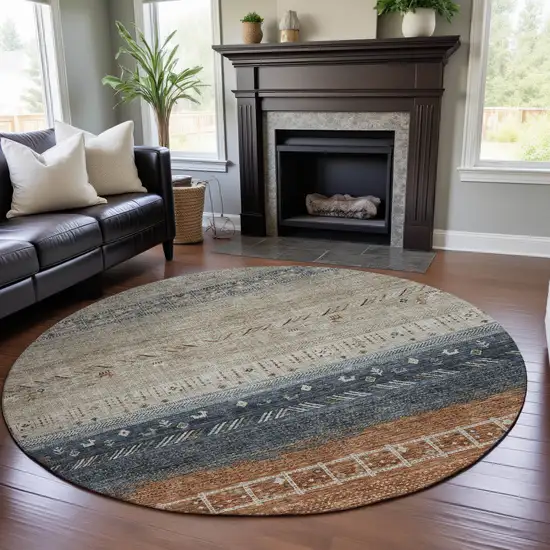 8' Brown Beige And Navy Blue Geometric Washable Round Rug With UV Protection Photo 4
