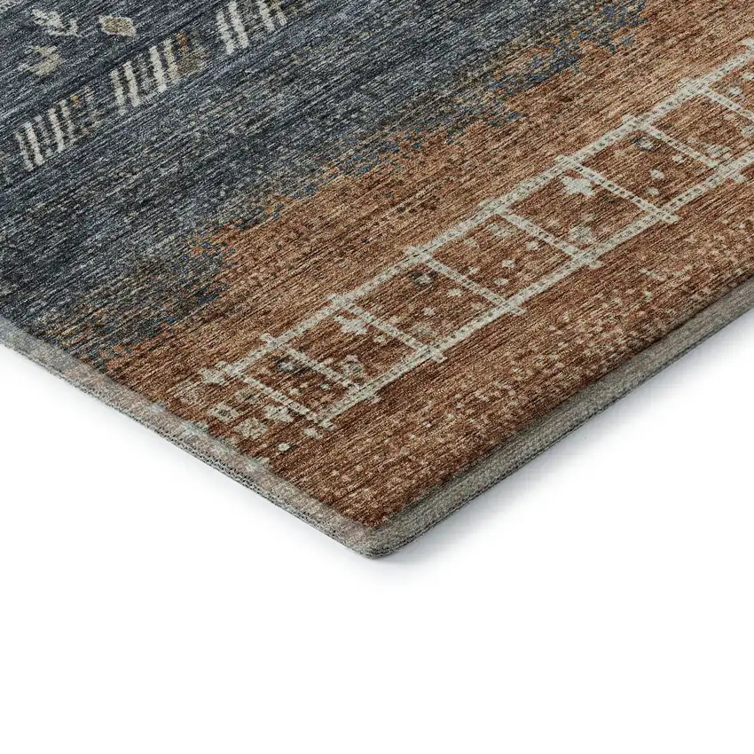 8' Brown Beige And Navy Blue Geometric Washable Round Rug With UV Protection Photo 6