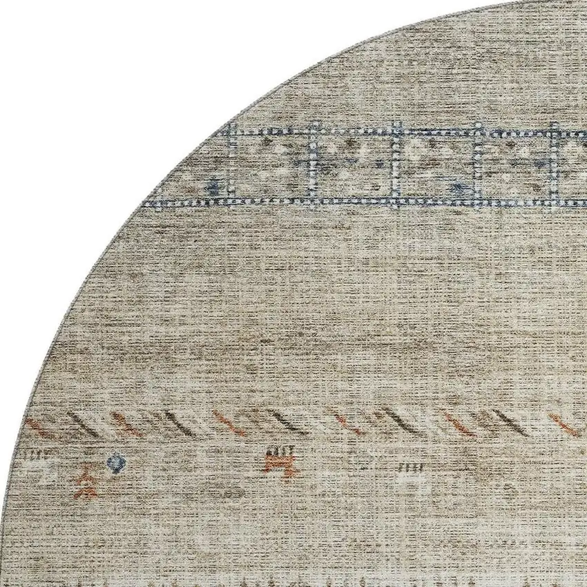 8' Brown Beige And Navy Blue Geometric Washable Round Rug With UV Protection Photo 3