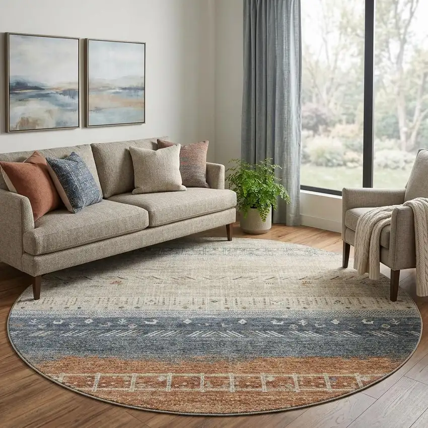 8' Brown Beige And Navy Blue Geometric Washable Round Rug With UV Protection Photo 1
