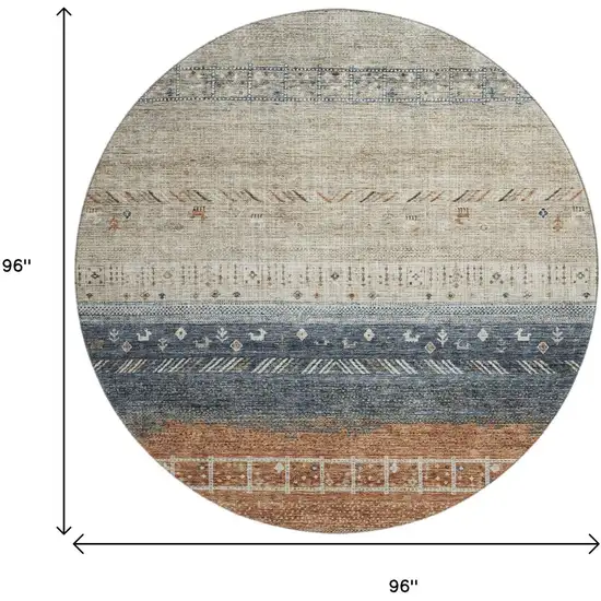 8' Brown Beige And Navy Blue Geometric Washable Round Rug With UV Protection Photo 9