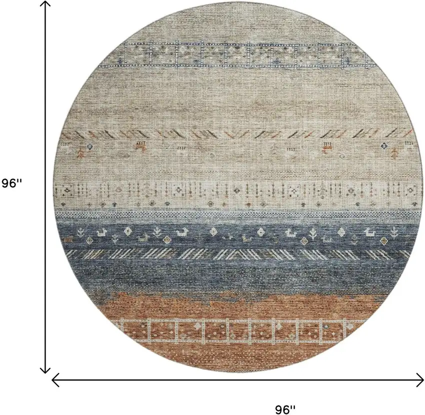 8' Brown Beige And Navy Blue Geometric Washable Round Rug With UV Protection Photo 9