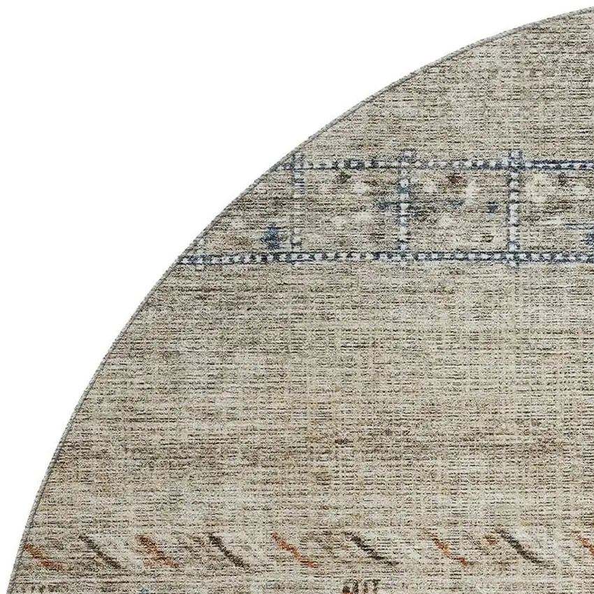8' Brown Beige And Navy Blue Geometric Washable Round Rug With UV Protection Photo 2