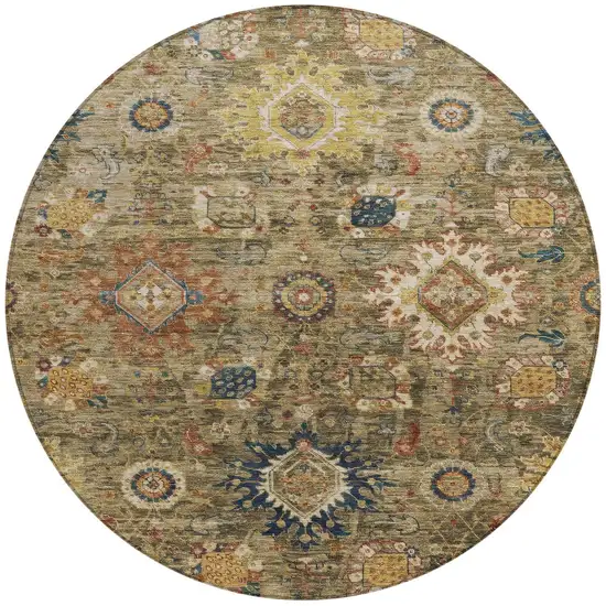8' Brown Beige And Navy Blue Round Floral Medallion Washable Indoor Outdoor Area Rug Photo 3