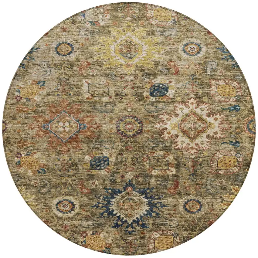 8' Brown Beige And Navy Blue Round Floral Medallion Washable Indoor Outdoor Area Rug Photo 3