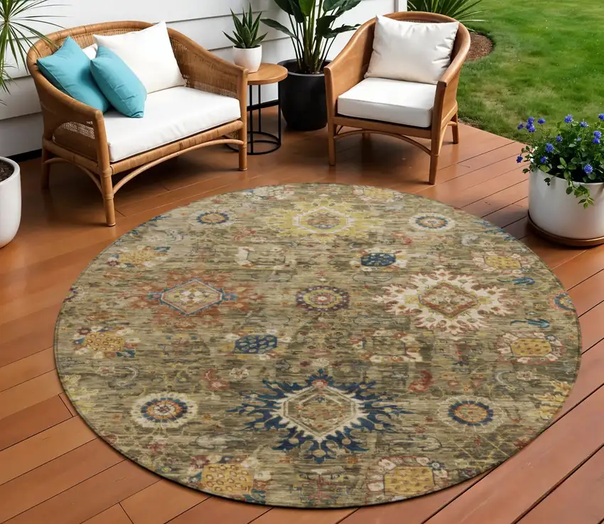 8' Brown Beige And Navy Blue Round Floral Medallion Washable Indoor Outdoor Area Rug Photo 2