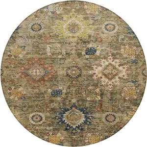 Photo of 8' Brown Beige And Navy Blue Round Floral Medallion Washable Indoor Outdoor Area Rug