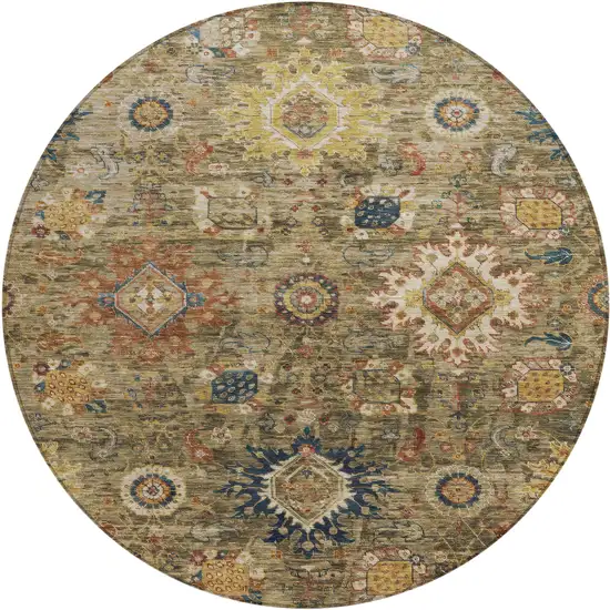 8' Brown Beige And Navy Blue Round Floral Medallion Washable Indoor Outdoor Area Rug Photo 1