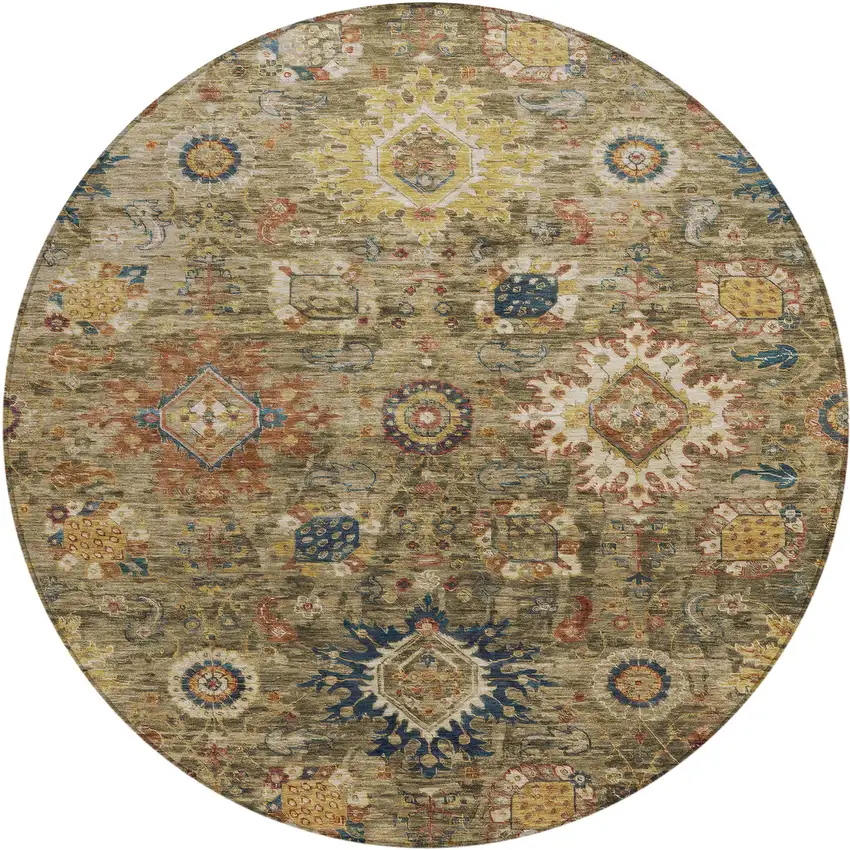 8' Brown Beige And Navy Blue Round Floral Medallion Washable Indoor Outdoor Area Rug Photo 1