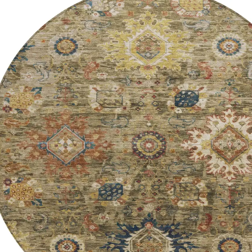 8' Brown Beige And Navy Blue Round Floral Medallion Washable Indoor Outdoor Area Rug Photo 9