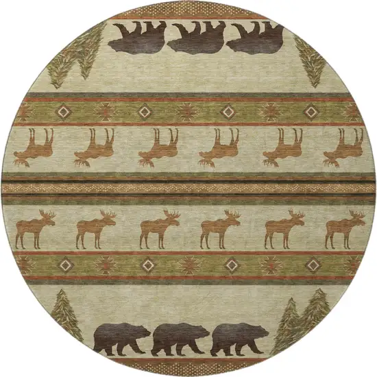 8' Brown Beige And Rust Animal Print Washable Round Rug With UV Protection Photo 4